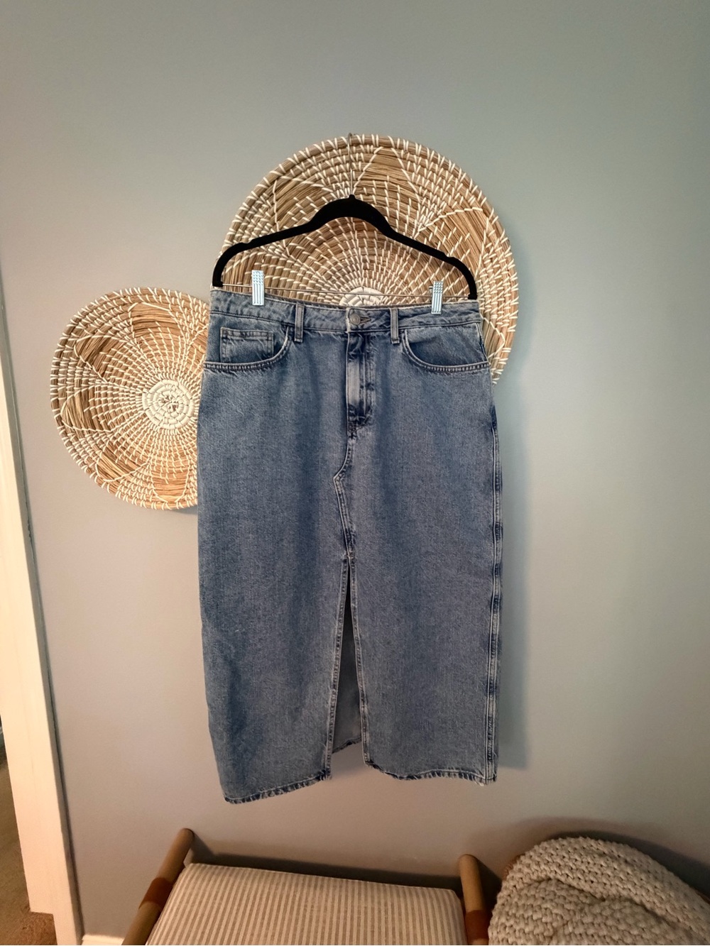 Mango Light Blue Denim Midi Skirt with Front Slit XL